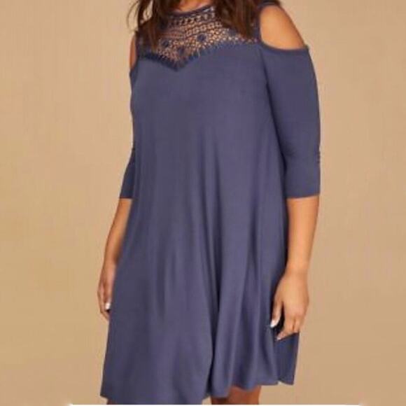 Lane Bryant Blue Crochet Neck Cold Shoulder Midi Shift Dress Sz 14/16 NWT - Picture 1 of 13